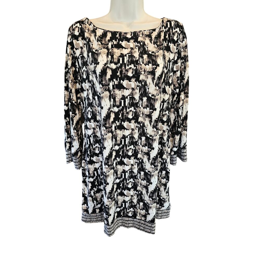 Style & Co. Size L Black & Beige 3/4 Sleeve Shift Dress tunic long sleeve EUC +